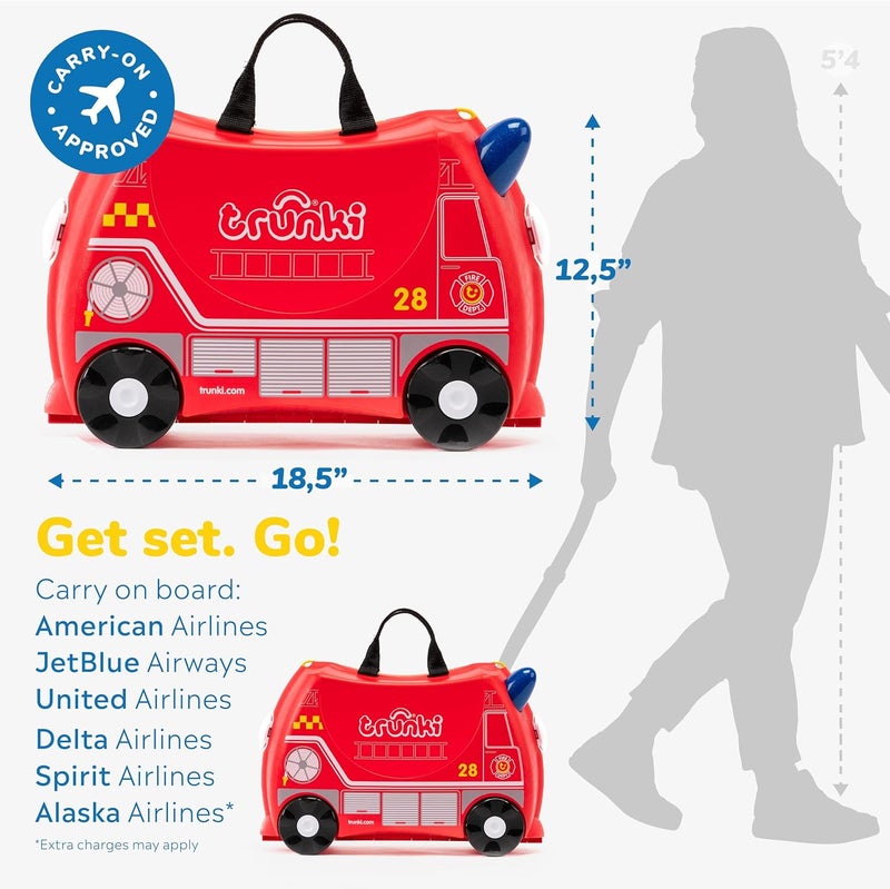 Trunki Ride-On Kids Suitcase | Tow-Along Toddler Luggage | Carry-on Approved |  18L Travel Bag | Kids Luggage and Airplane Travel Essentials: Frank the Fire Truck Red - Image 3