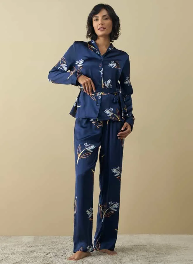 Splash FAV All-Over Floral Print Shirt with Belt Tie-Up and Pyjama Set