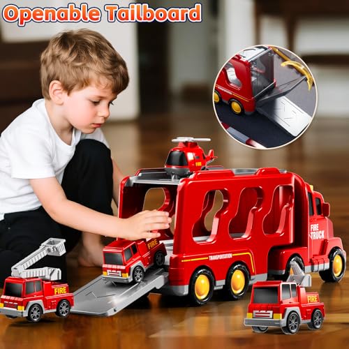 KIZONLY Fire Truck Toys for Toddler 13 35 5in1 Fire Car Carrier Vehicle Set for Girls 1 2 3 4 5 6 Years Old Transport Car with Light Sound Birthdays Gifts for Kids Girls Aged 39 - Image 5