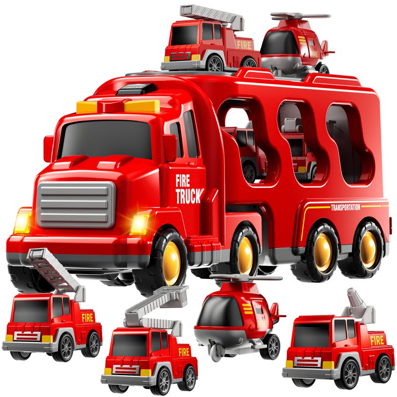 KIZONLY Fire Truck Toys for Toddler 13 35 5in1 Fire Car Carrier Vehicle Set for Girls 1 2 3 4 5 6 Years Old Transport Car with Light Sound Birthdays Gifts for Kids Girls Aged 39 - Image 2