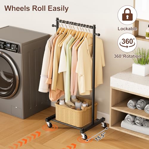 MISSLO Small Clothing Racks for Hanging Clothes 45" Short Clothes Rack with Shelves Metal Rolling Garment Rack with Wheels for Small Space, Closet, Wardrobe, Adults & Kids, Black - Image 4
