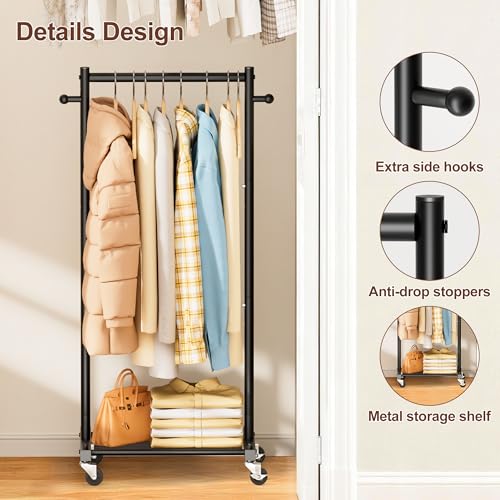 MISSLO Small Clothing Racks for Hanging Clothes 45" Short Clothes Rack with Shelves Metal Rolling Garment Rack with Wheels for Small Space, Closet, Wardrobe, Adults & Kids, Black - Image 5