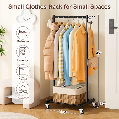 MISSLO Small Clothing Racks for Hanging Clothes 45" Short Clothes Rack with Shelves Metal Rolling Garment Rack with Wheels for Small Space, Closet, Wardrobe, Adults & Kids, Black - Image 2