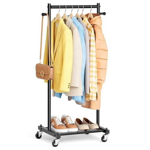 MISSLO Small Clothing Racks for Hanging Clothes 45" Short Clothes Rack with Shelves Metal Rolling Garment Rack with Wheels for Small Space, Closet, Wardrobe, Adults & Kids, Black - Image 1