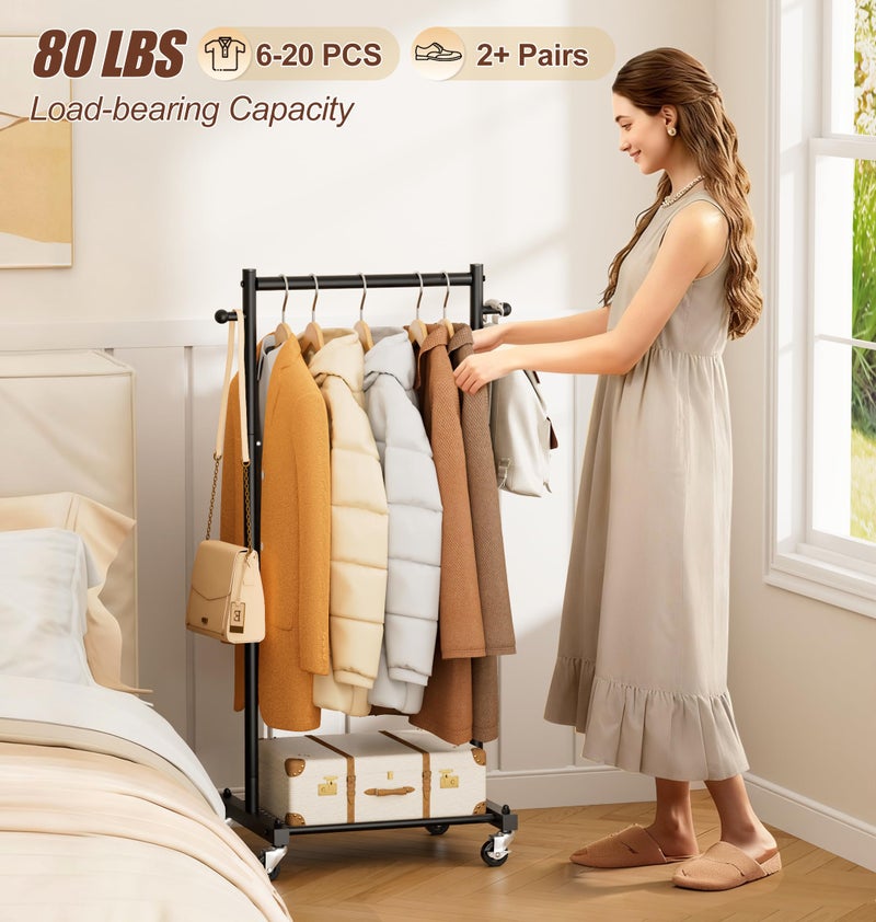 MISSLO Small Clothing Racks for Hanging Clothes 45" Short Clothes Rack with Shelves Metal Rolling Garment Rack with Wheels for Small Space, Closet, Wardrobe, Adults & Kids, Black - Image 3