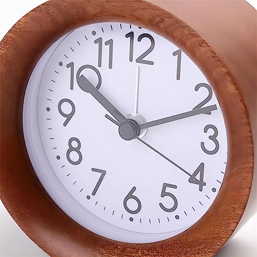 Lancoon Round Wooden Alarm Clock Analog Non Ticking Silent with Arabic Numerals Night Light Snooze Function Battery Operated Easy to Set for Desktop Bedroom Bedside Brown - Image 3