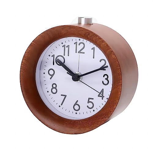 Lancoon Round Wooden Alarm Clock Analog Non Ticking Silent with Arabic Numerals Night Light Snooze Function Battery Operated Easy to Set for Desktop Bedroom Bedside Brown - Image 1