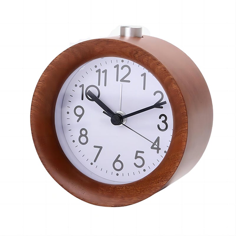 Lancoon Round Wooden Alarm Clock Analog Non Ticking Silent with Arabic Numerals Night Light Snooze Function Battery Operated Easy to Set for Desktop Bedroom Bedside Brown - Image 2