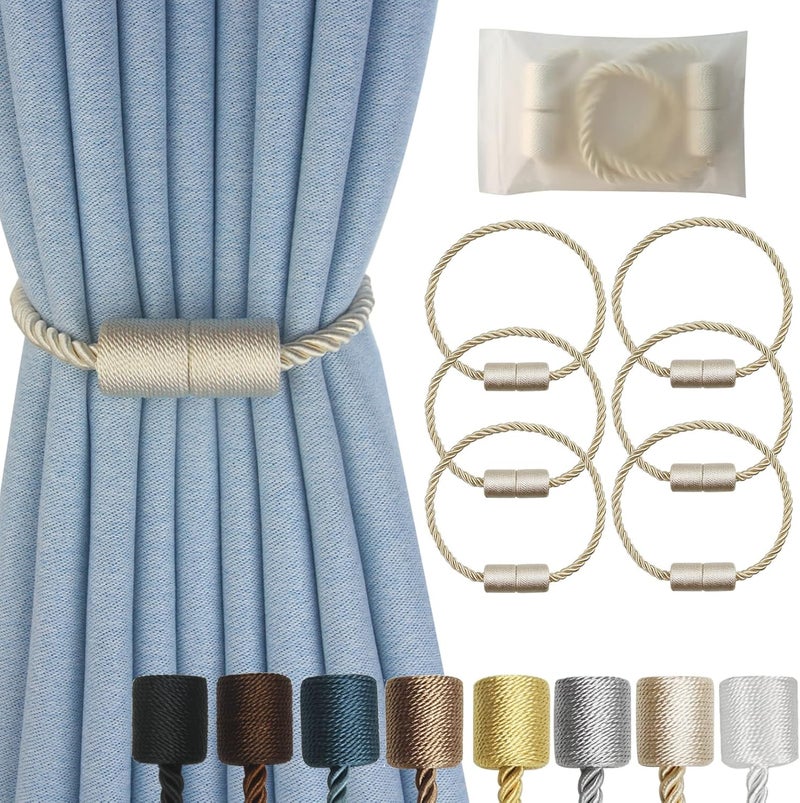 Hangtty Magnetic Curtain Tiebacks 6 Pack Beige Curtain Rope Tieback Curtain Holders for Drapes Modern Tie Backs Decorative Curtain Holdbacks - Image 1