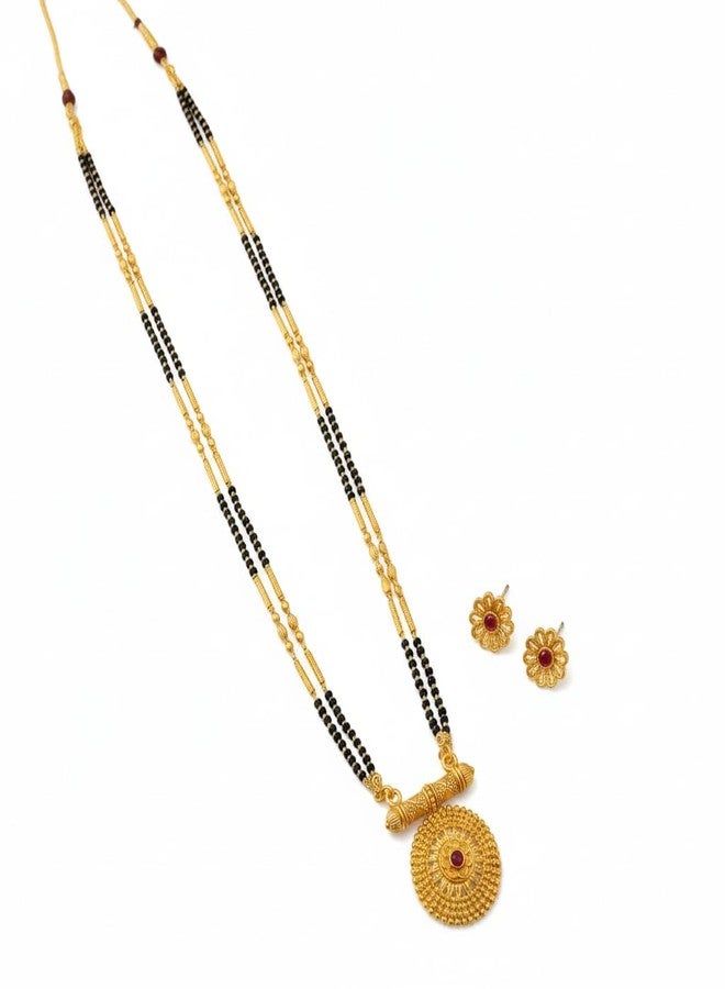 AAIKU Traditional Maharashtrian Long Mangalsutra with Pendant & Earrings | Antique Gold Plated Black Bead Chain | Micropolish Jewelry for Women & Girls Style (30 INCH) - Image 1