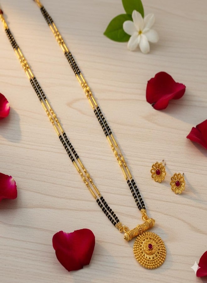 AAIKU Traditional Maharashtrian Long Mangalsutra with Pendant & Earrings | Antique Gold Plated Black Bead Chain | Micropolish Jewelry for Women & Girls Style (30 INCH) - Image 4