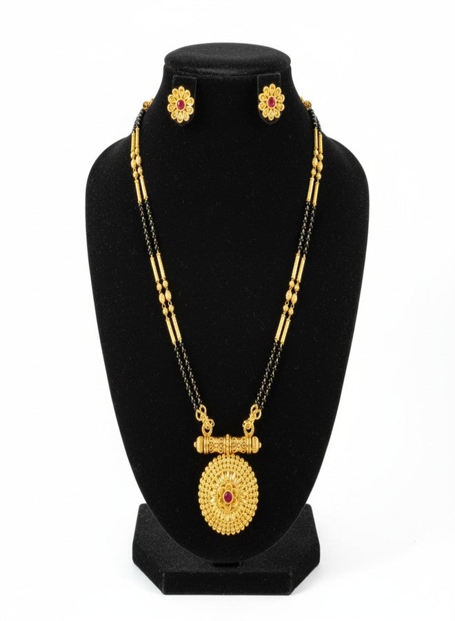 AAIKU Traditional Maharashtrian Long Mangalsutra with Pendant & Earrings | Antique Gold Plated Black Bead Chain | Micropolish Jewelry for Women & Girls Style (30 INCH) - Image 5