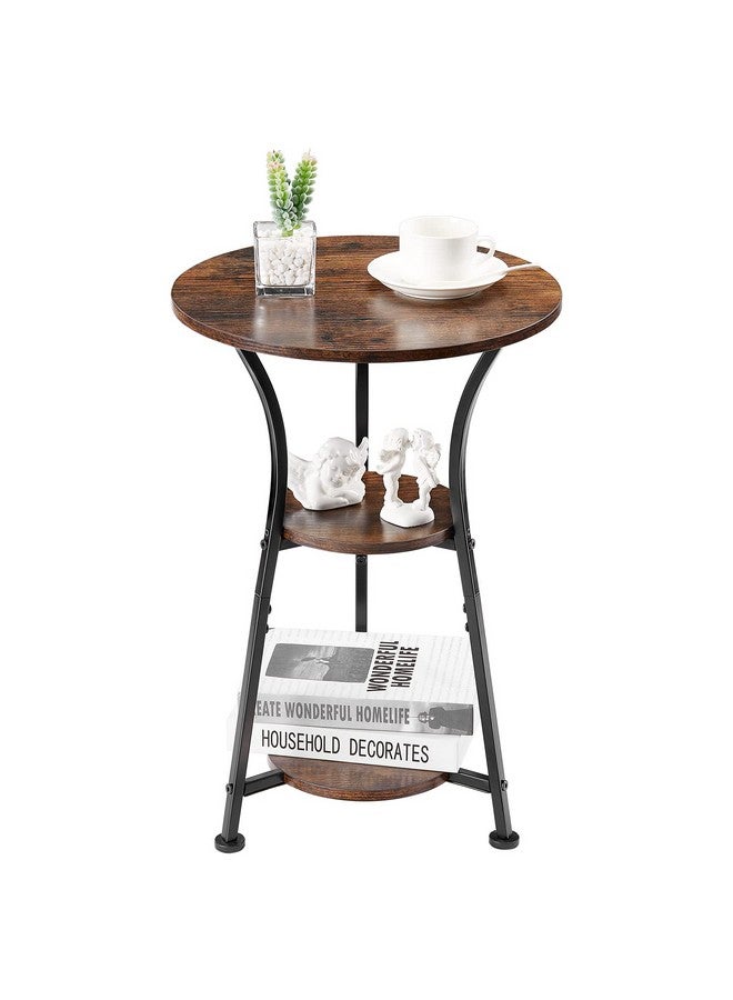Dulcii Round End Table,3-Tier Small Round Side Table with Wooden Shelves, Rustic Retro Table Corner Sofa Table for Living Room Bedroom, Rustic Brown - Image 1
