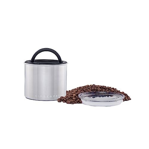 Planetary Design Airscape Stainless Steel Coffee Canister  Food Storage Container  US Patented Airtight Lid  Push Out Excess Air Preserve Food Freshness Small Brushed Steel