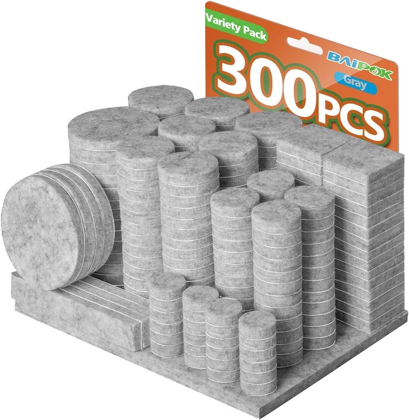 BAIPOK Furniture Pads 300 Pcs Premium Furniture Felt Pads (Grey), Huge Quantity Self Adhesive Felt Furniture Pads, Anti Scratch Floor Protector for Furniture Legs Hardwood Floor with 60 Cabinet Door Bumpers - Image 1