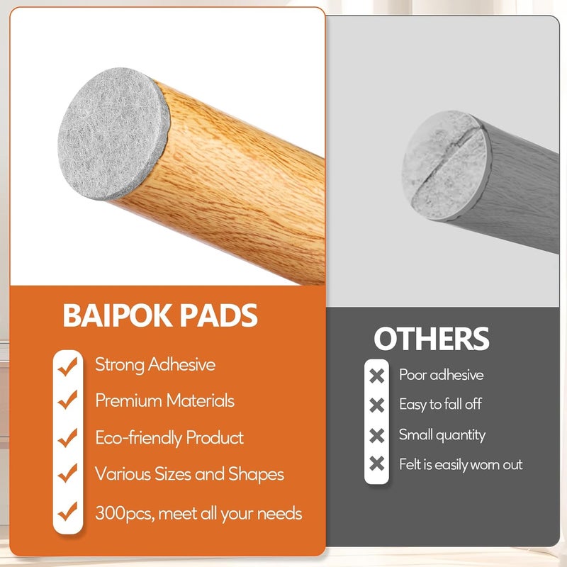 BAIPOK Furniture Pads 300 Pcs Premium Furniture Felt Pads (Grey), Huge Quantity Self Adhesive Felt Furniture Pads, Anti Scratch Floor Protector for Furniture Legs Hardwood Floor with 60 Cabinet Door Bumpers - Image 2
