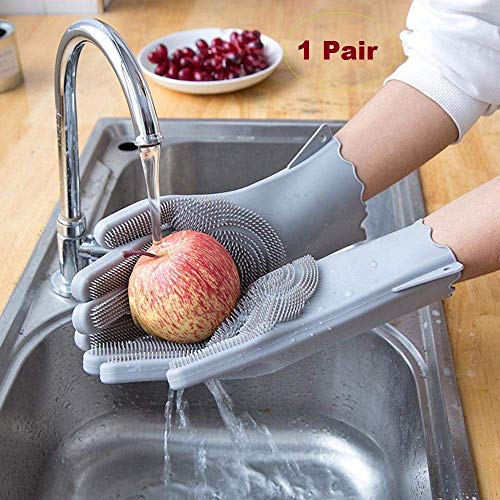 Palshiv Magic Silicone Gloves with Wash Scrubber, Reusable Brush Heat Resistant Gloves Kitchen Tool for Cleaning, Dish Washing, Washing The Car, Pet Hair Care - 1 Pair (ONLY Grey Colour) - Image 2
