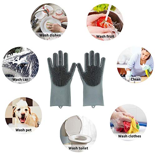Palshiv Magic Silicone Gloves with Wash Scrubber, Reusable Brush Heat Resistant Gloves Kitchen Tool for Cleaning, Dish Washing, Washing The Car, Pet Hair Care - 1 Pair (ONLY Grey Colour) - Image 4
