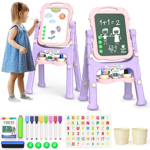 YOHOOLYO Kids Easel Standing Art Easel for Kids Double Sided Children Pink Purple Easel Magnetic Chalkboard Whiteboard Dry Eraser Board Great Gift for Girls - Image 1