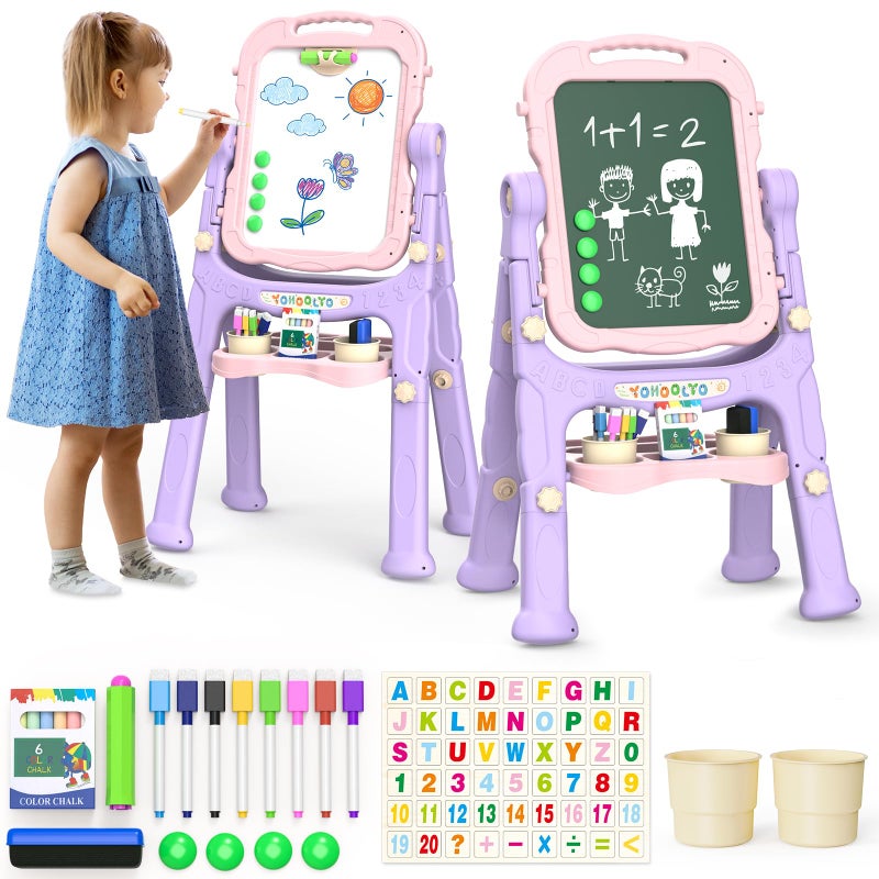 YOHOOLYO Kids Easel Standing Art Easel for Kids Double Sided Children Pink Purple Easel Magnetic Chalkboard Whiteboard Dry Eraser Board Great Gift for Girls - Image 2