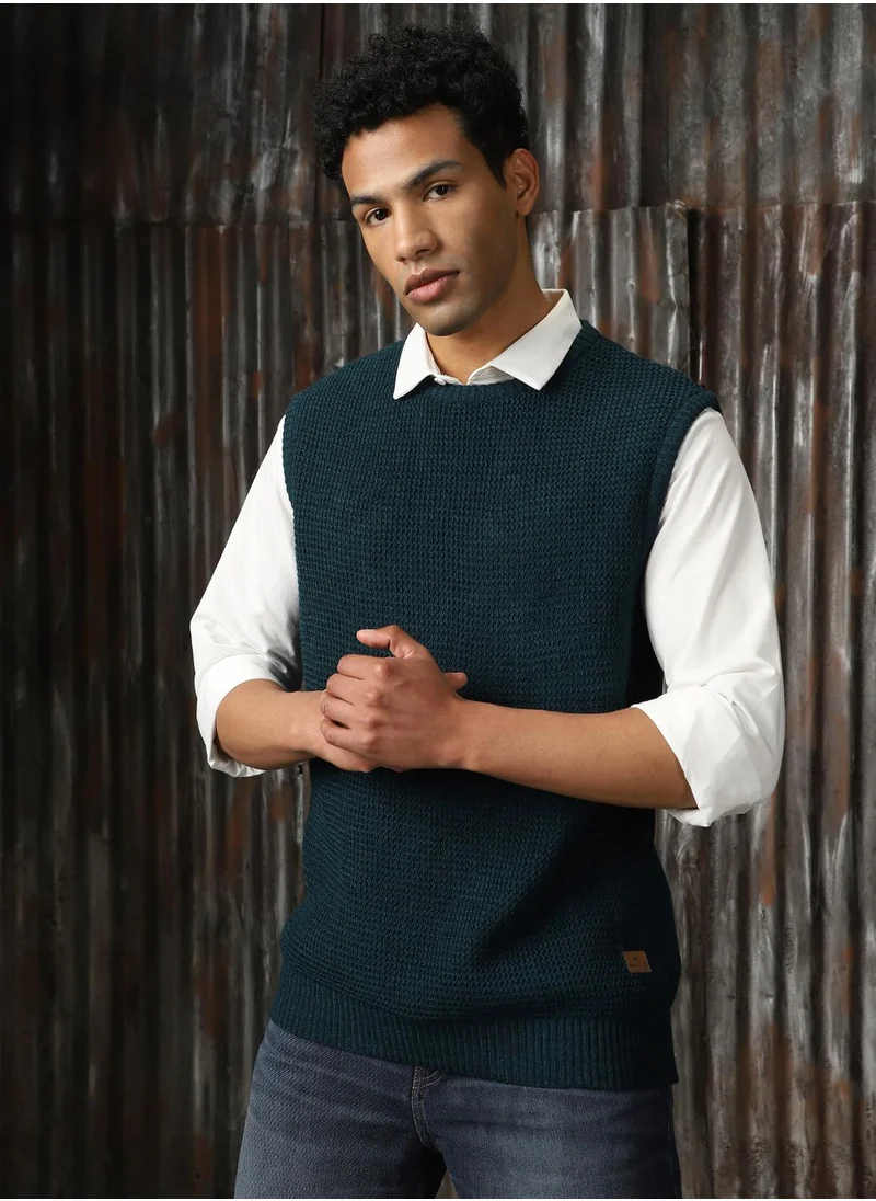 HIGH STAR Men's Teal 100% Acrylic Solid Relaxed Fit Sweater