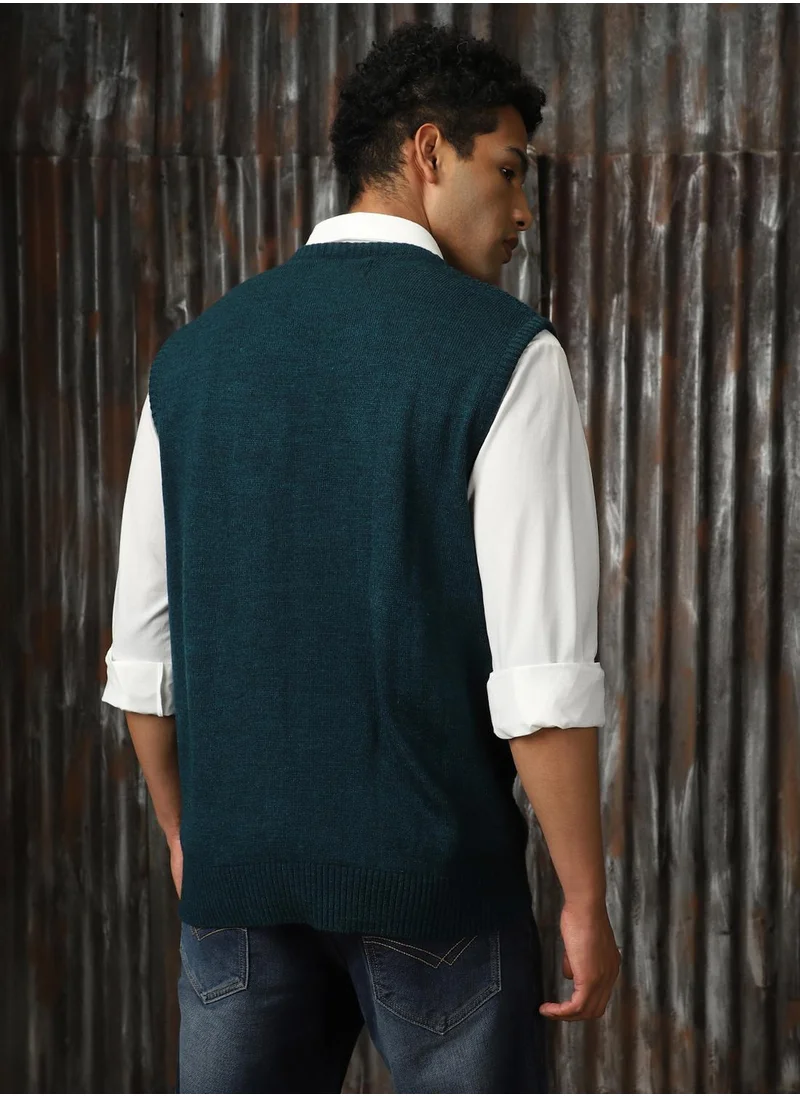 هاي ستار Men's Teal 100% Acrylic Solid Relaxed Fit Sweater