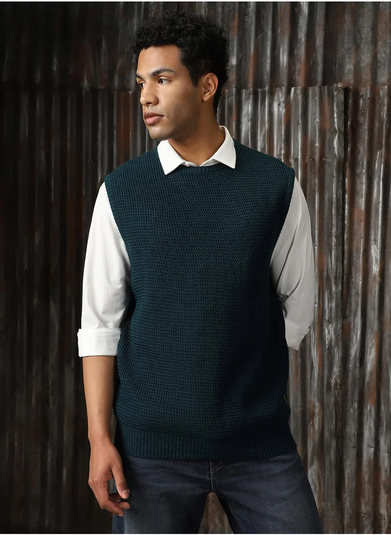HIGH STAR Men's Teal 100% Acrylic Solid Relaxed Fit Sweater