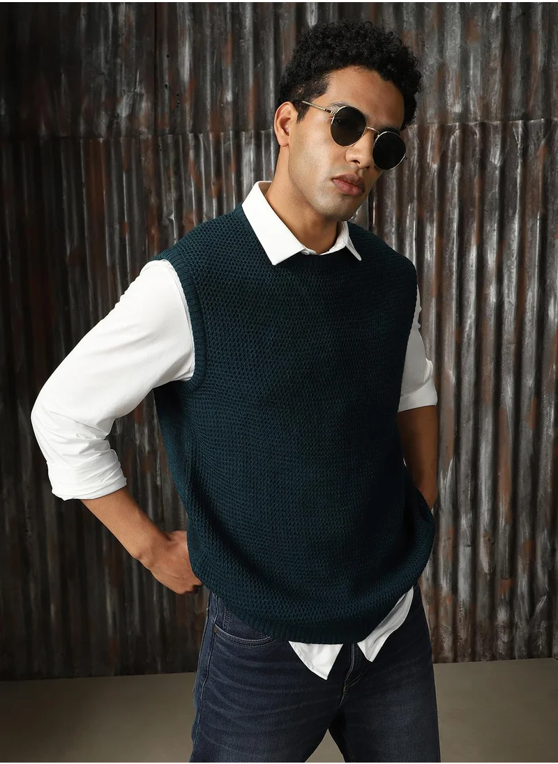 هاي ستار Men's Teal 100% Acrylic Solid Relaxed Fit Sweater