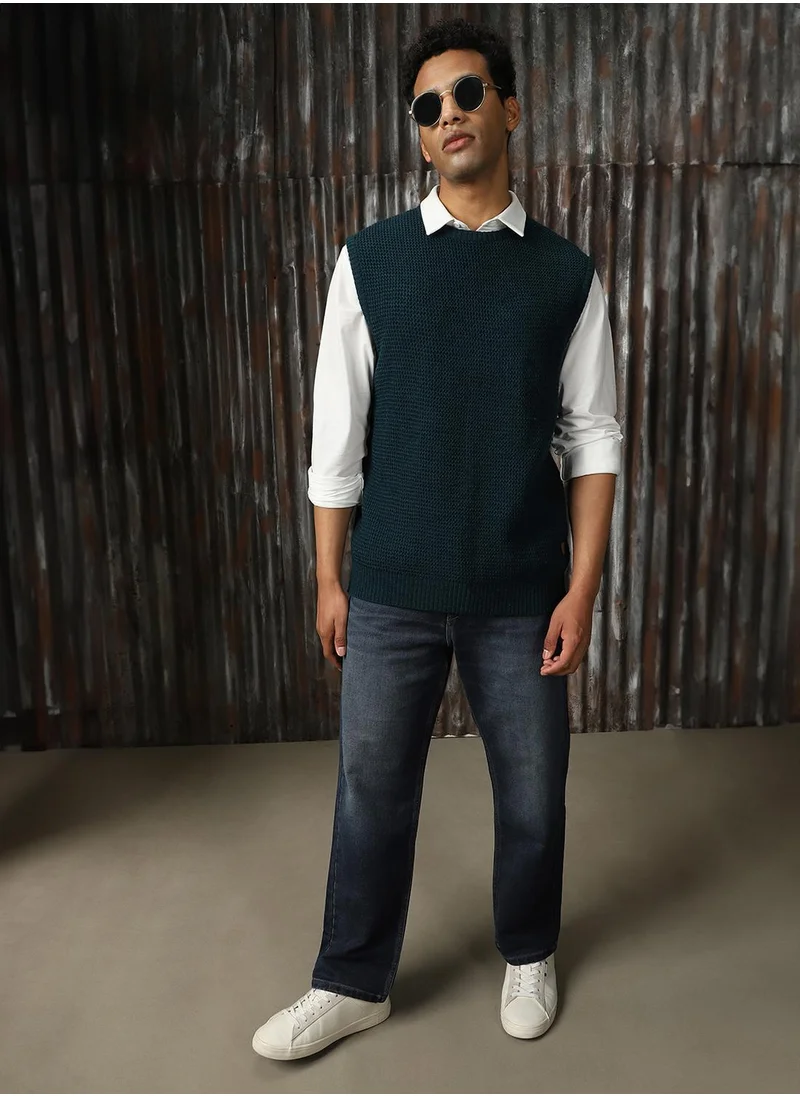 هاي ستار Men's Teal 100% Acrylic Solid Relaxed Fit Sweater