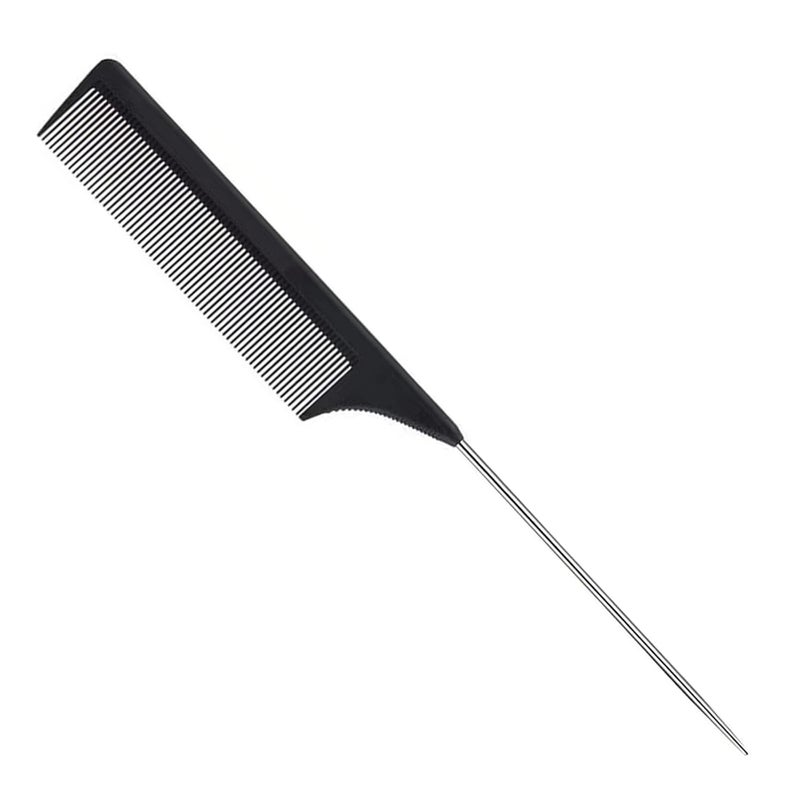 1 Pack Professional Stainless Steel Rat Tail Comb with Metal Pick Heat Resistant Carbon Fiber Teasing Fine Tooth Comb