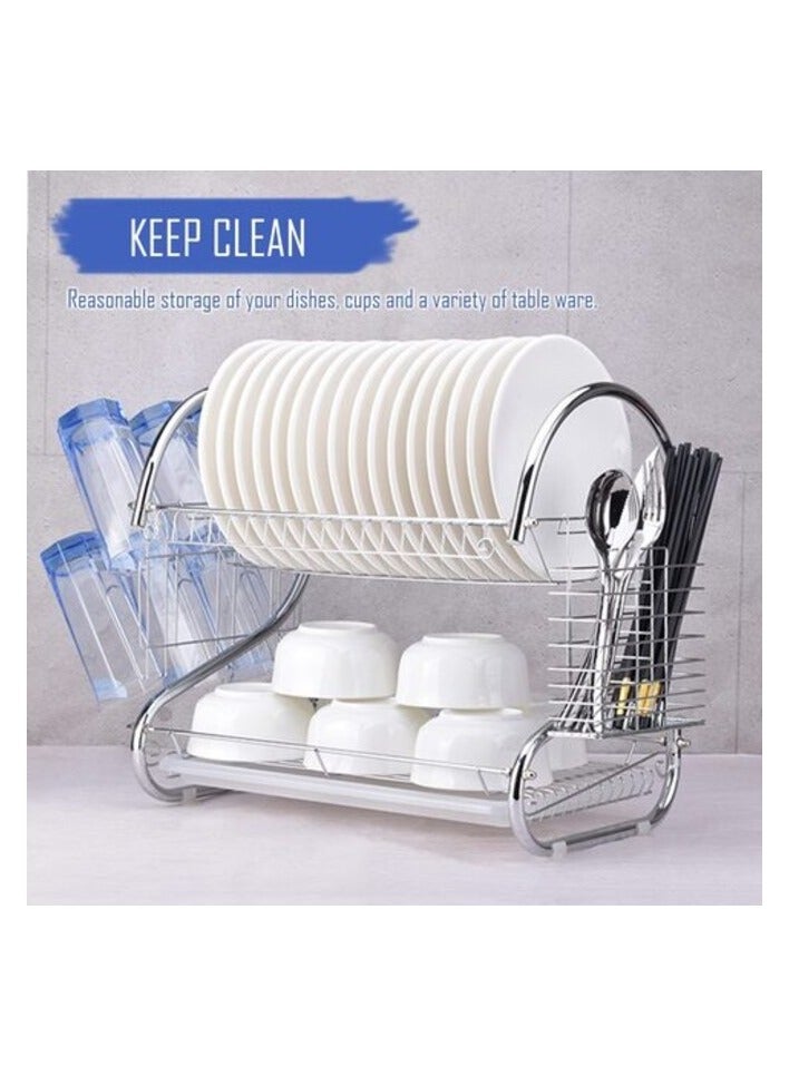 PROMASS 2 Tier Stainless Steel Dish Rack Metal Dish Drainer With Removable Drain Board And Utensil Holder Cup Holder Dish Drainer For Kitchen Counter Top - Image 3