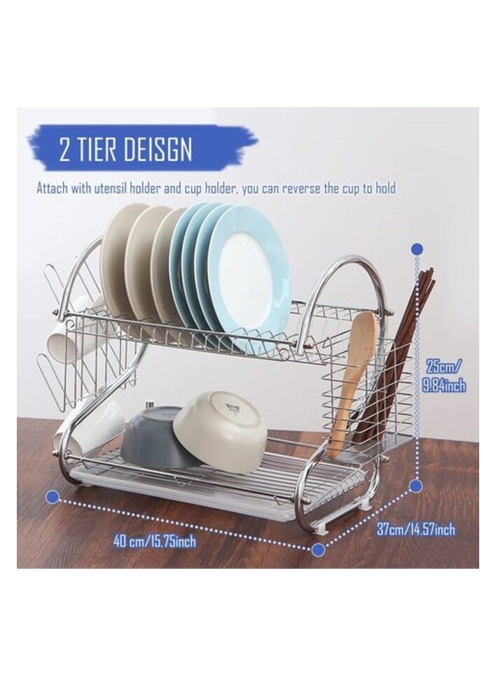 PROMASS 2 Tier Stainless Steel Dish Rack Metal Dish Drainer With Removable Drain Board And Utensil Holder Cup Holder Dish Drainer For Kitchen Counter Top - Image 5