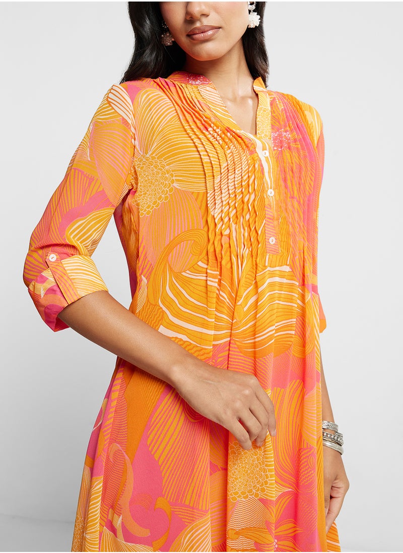 Biba - V-Neck Pleated Kurta - Image 1