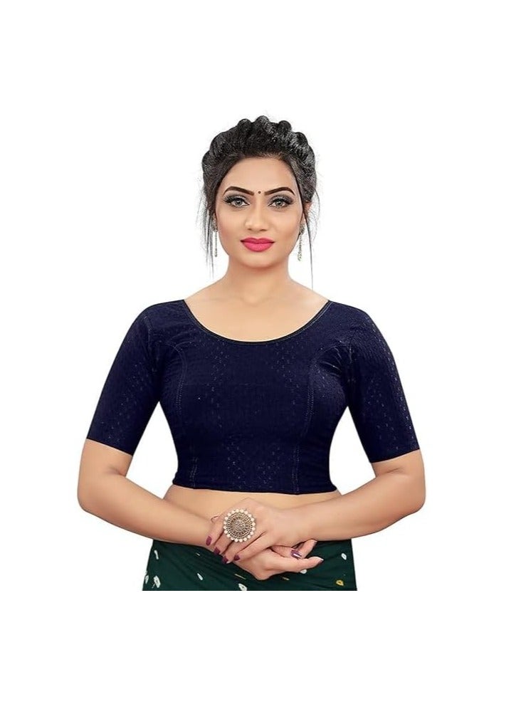 Accessorize Kingdom Accessories 22 Round Neck Dobby Cotton Lycra Stretchable Elbow Sleeve Readymade Saree Blouse for Women Stylish - Image 1