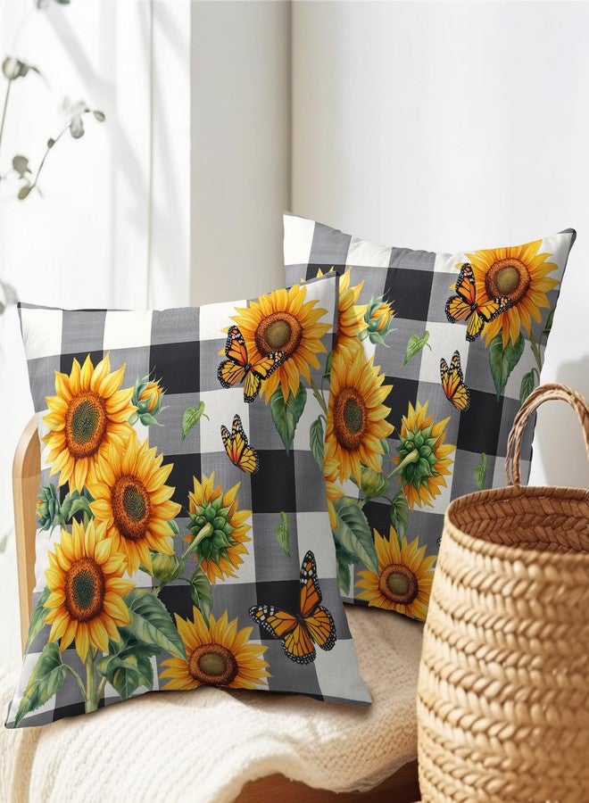 aportt Sunflower Pillow Covers 18X18 Inch Set of 2 Black White Buffalo Plaid Flower Decorative Pillow Cases Spring Summer Floral Cushion Case Farmhouse Modern Home Decor for Sofa Couch Bedroom - Image 5