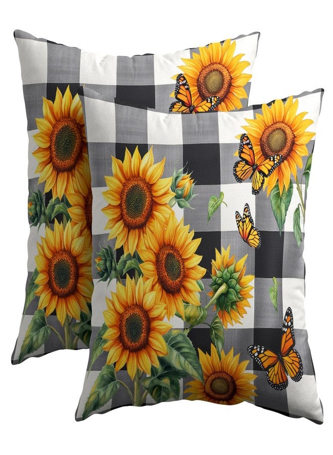 aportt Sunflower Pillow Covers 18X18 Inch Set of 2 Black White Buffalo Plaid Flower Decorative Pillow Cases Spring Summer Floral Cushion Case Farmhouse Modern Home Decor for Sofa Couch Bedroom - Image 1