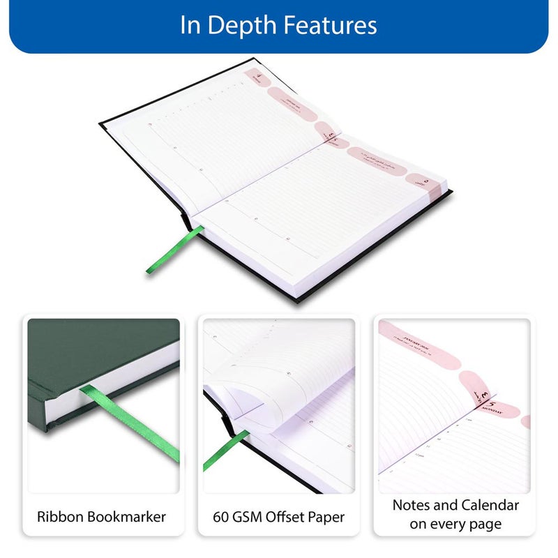 FIS 2026 Agenda Diary, 170x240mm Size, Hard Cover Vinyl, 1 Day a Page Format, Arabic/English, 60gsm White Paper, Green Cover-FSDI75AEV26GR - Image 5