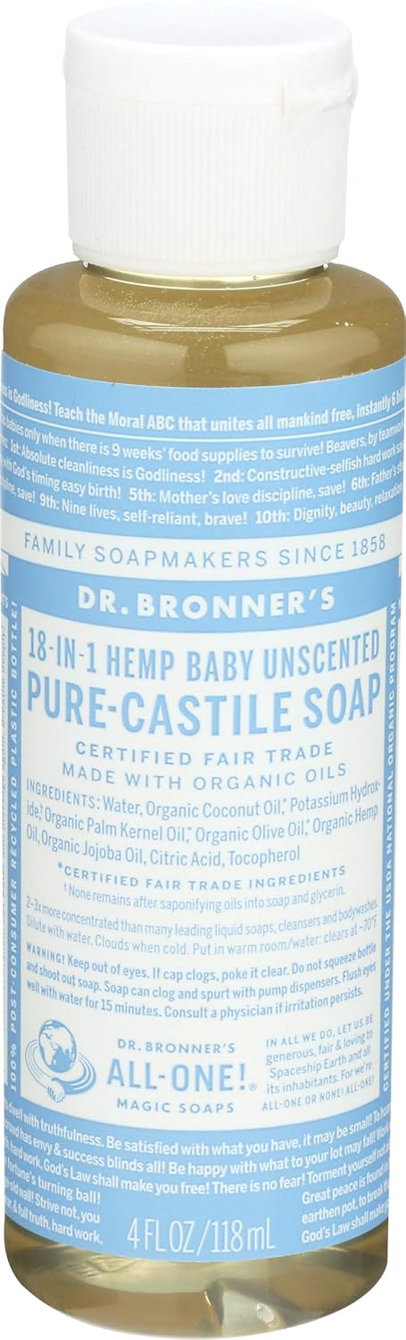Dr Bronners Magic Soaps Pure Castile Soap 18In1 Hemp Unscented Baby Mild 4 Fluid Ounces 118 ml