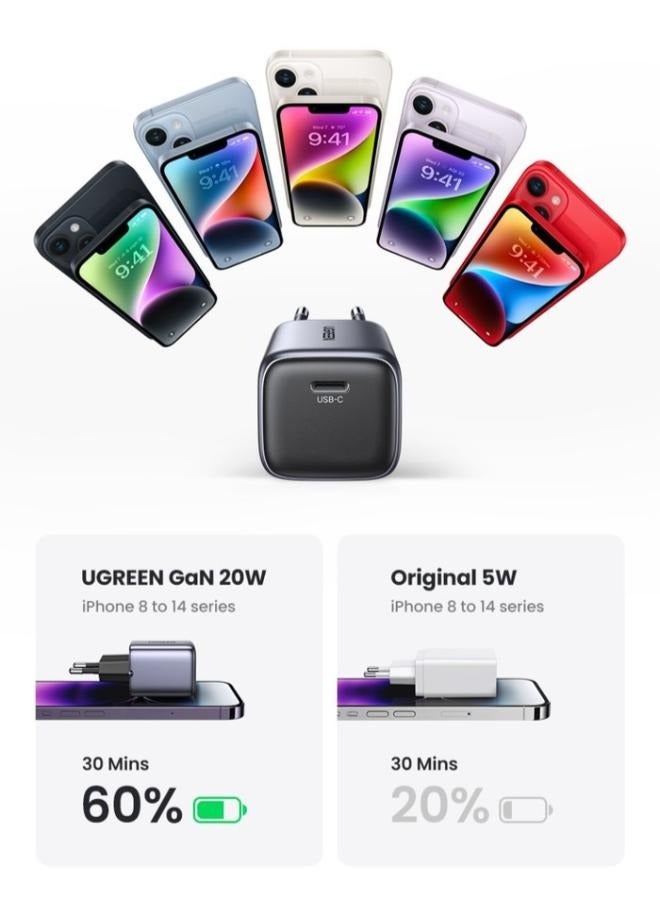 Ugreen 20W Gan Fast Charger USB-C Charger with Compact & Foldable Design, 2-Pack 20W Fast Charger for iPhone 14/13/12 Series, Samsung S23, MacBook Air, Pixelbook, iPad Pro, & More Black - Image 3