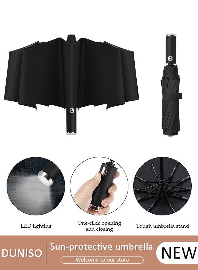 DUNISO Portable Windproof Folding Travel Umbrella With LED Flashlight Anti-UV Sun And Rain Umbrellas For Women And Men - Image 1