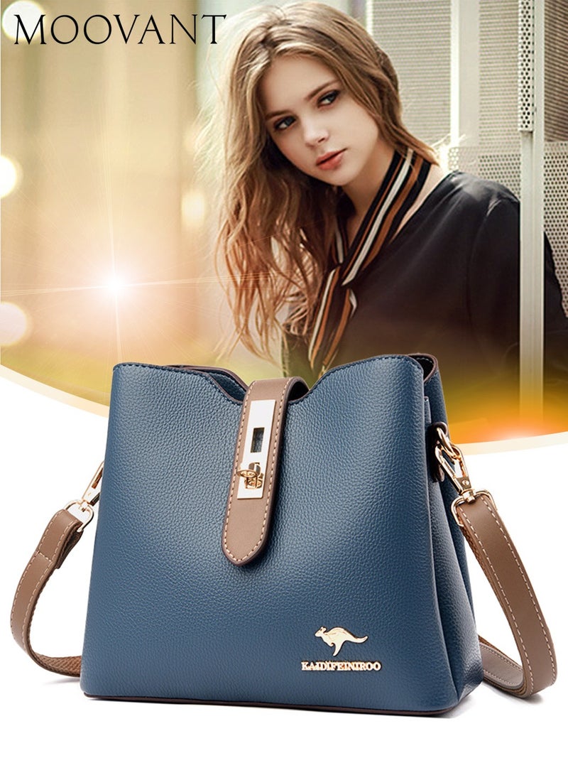 Moovant Premium Leather Women Shoulder Bag, Women's Handbag, Elegant Patent Leather Bag, Waterproof Tote Bag, Large Capacity Bucket Bag, with 2 Shoulder Straps, Blue  - Image 1