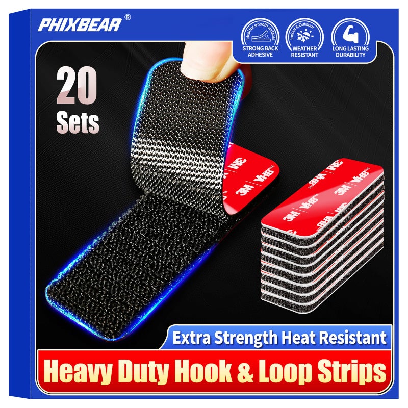 PHIXBEAR 20 Sets Super Adhesive Hook and Loop Strips Heavy Duty Made of 3M VHB Heat Resistant Waterproof Outdoor or Indoor Use Black 12x32 Inch