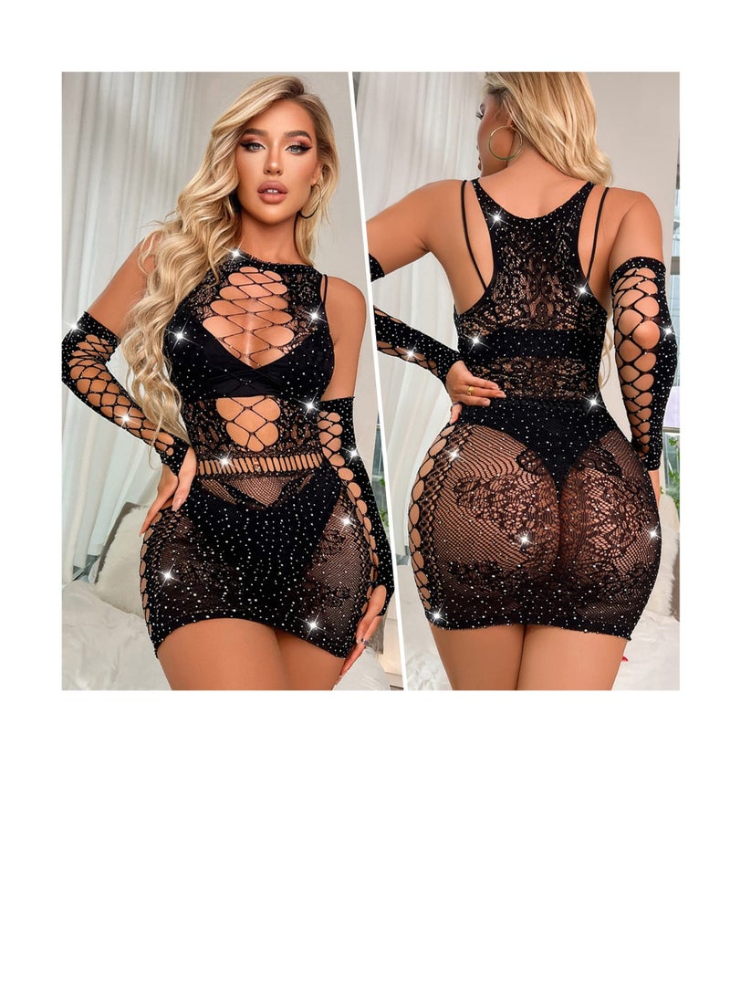 SUNSAR Women Sexy Sparkle Rhinestone Lingerie Long Sleeve Fishnet Mini Dress Bodysuit Black Mesh Lingerie - Image 4