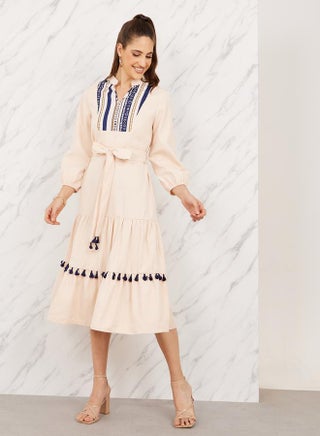Embroidered Tassel Midi Dress