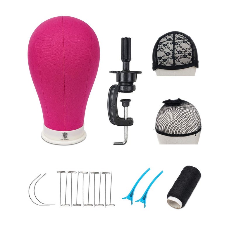 Bileaf 22 Inch Canvas Block Head Mannequin Wig Head With Stand Pink for Display with Mount Holes(Rosy) - Image 1