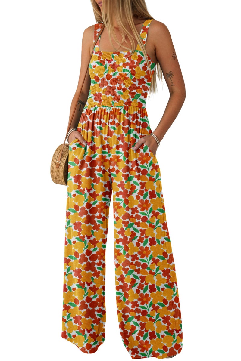 Lepunuo Jumpsuits for Women Casual One Piece Overalls Smocked Wide Leg Long Rompers With Pockets Beach Vacation - Image 1