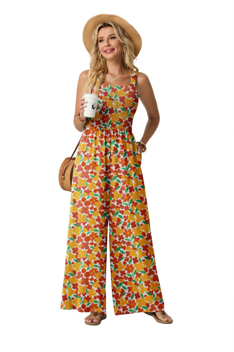Lepunuo Jumpsuits for Women Casual One Piece Overalls Smocked Wide Leg Long Rompers With Pockets Beach Vacation - Image 2
