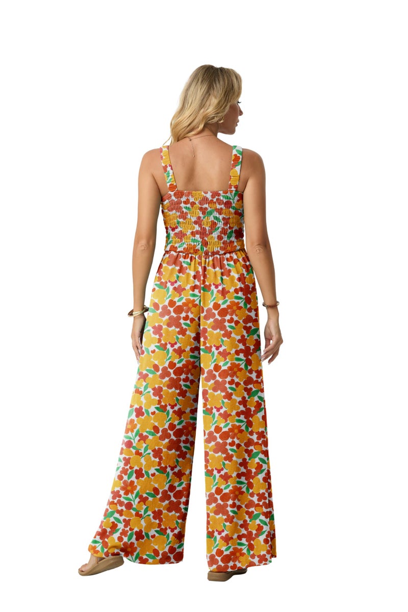Lepunuo Jumpsuits for Women Casual One Piece Overalls Smocked Wide Leg Long Rompers With Pockets Beach Vacation - Image 4