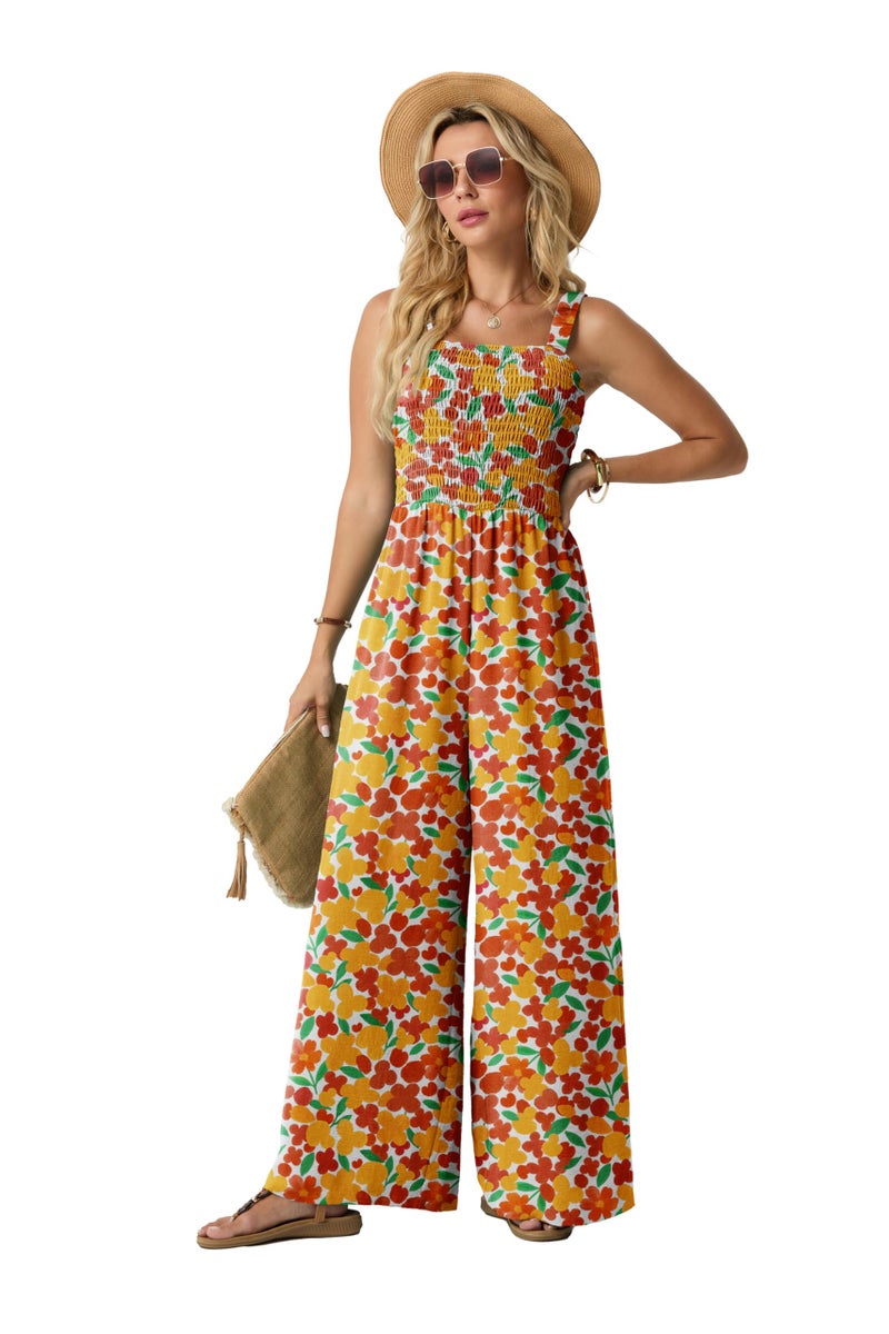 Lepunuo Jumpsuits for Women Casual One Piece Overalls Smocked Wide Leg Long Rompers With Pockets Beach Vacation - Image 3