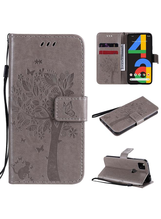 زبون جراب لهاتف Google Pixel 4a 4G، جراب جلدي أفقي قابل للطي بنقشة شجرة وقط مع حامل وفتحات للبطاقات ومحفظة وحبل تعليق - Image 1